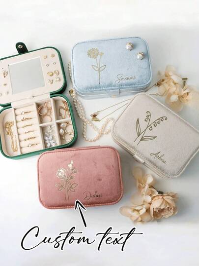1pc Customized Birthday Flower Pattern Velvet Jewelry Box With Clasp And Mirror, Holiday Gift, Bridesmaid Gift, Bridal Jewelry Box, Personalized Box, Women's Velvet Jewelry Organizer With Drawer, Christmas Gift, Gift For Her
