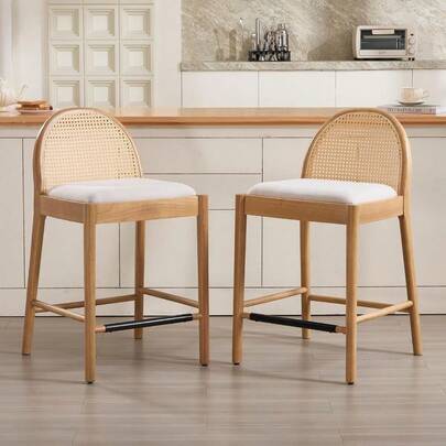 Mid-Century Bar Stools Set Of 2 26 Inch Rattan Back Linen Counter Height Barstools Comfy Upholstered Bar Chairs With Wooden Legs For Kitchen Dining Room Beige