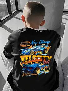 男童休闲趣味印花圆领短袖T恤，夏季 - 黑色 - 查看 1