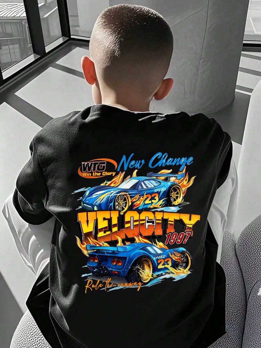 男童休闲趣味印花圆领短袖T恤，夏季 - 黑色 - 查看 1