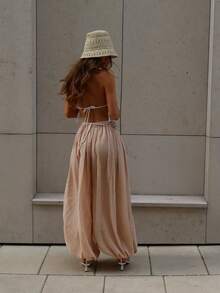 女士长款纯色弹力腰降落伞裤，休闲日常穿着 - 杏色 - 查看 2