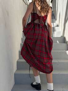 Women Summer Plaid Midi Cami Dress Backless Spaghetti Strap Ruffle Long Elegant Dress - 紅色 - 查看 7