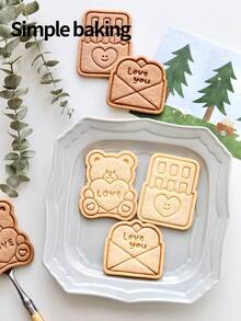 情人节礼物系列：饼干模具、心形饼干印章、小熊、巧克力和情书形状的饼干模具、蛋糕装饰品、甜点制作工具 - 白色 - 查看 8