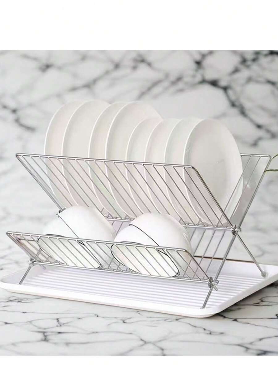 Foldable Kitchen Dish Rack, Home Dish Plate Storage Organizer, Cutlery Drainer - Silver - View 1
