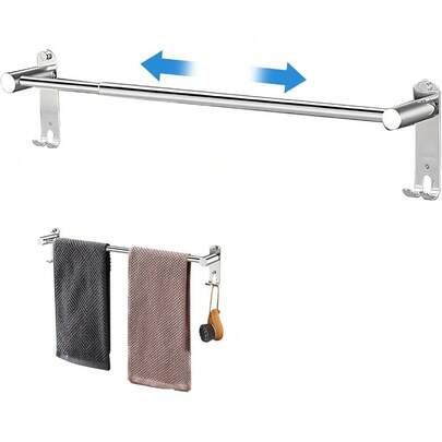 Rail Adjustable 43-75cm, Stainless Steel Clothes Towel Holder With Hooks, Silver Towel Rack Wall Mounted Towel Bar With Glue/Screws For Bathroom And Kitchen
