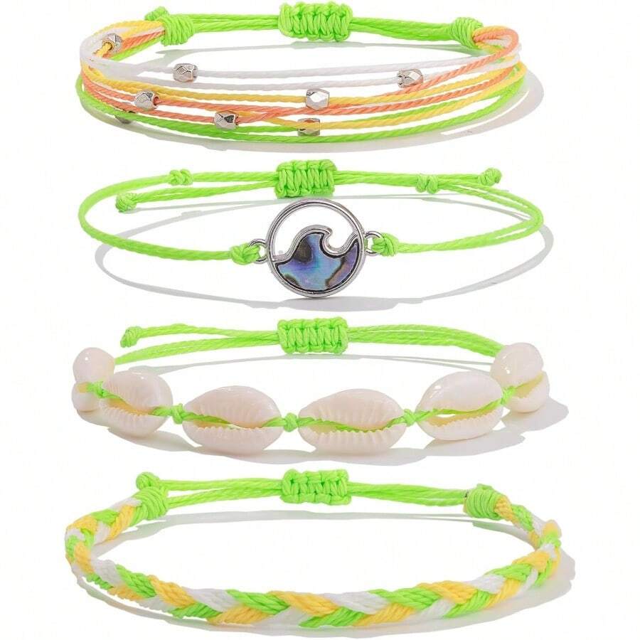 FANCY SHINY Wave String Bracelets Braid Puka Shell Bead Bracelets Handmade Cute Boho Easter Jewelry Gifts For Women - Fluorescent Green - 查看 1