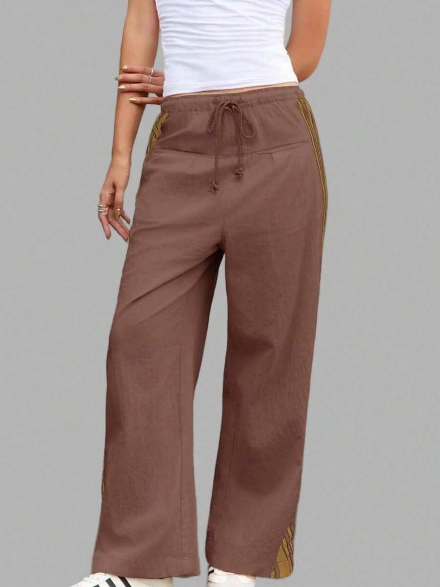 Women's High Waist Baggy Wide Leg Track Pants Drawstring Striped Palazzo Pants With Pockets - màu nâu - Xem 1