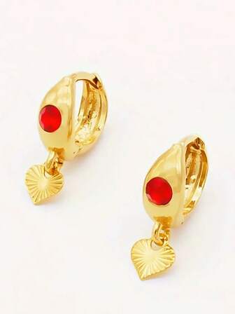 Creative Hoop Earrings Copper 24k Gold Plated Jewelry With Red Heart Shaped Rhinestones Inlaid Elegant Punk Style