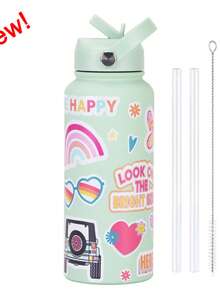 Owal-A 保温不锈钢水瓶 - 32 盎司防漏运动水瓶，配备双功能吸嘴、翻盖吸管和宽口设计 - 可保温 24 小时 - 非常适合健身、旅行和日常使用 - 彩色 - 查看 15