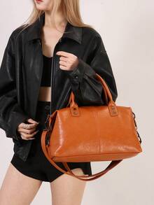 新款复古PU皮女士手提包，时尚拉链单肩包，带可拆卸肩带，女士工作旅行二合一包 - 棕色 - 查看 5