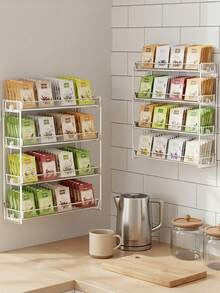 1个4层透明亚克力茶包收纳架，多功能咖啡胶囊糖包收纳容器，可拆卸化妆品和杂物展示架，壁挂式或台面厨房调料架食品储藏柜收纳架。