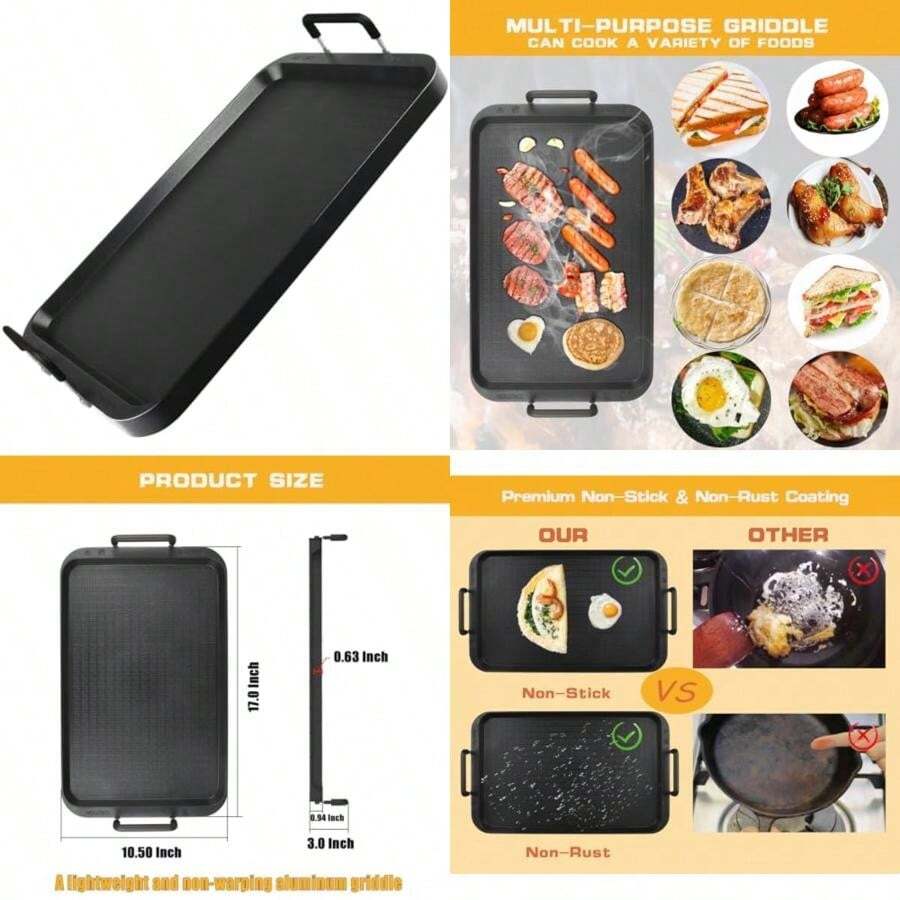 Plancha plana de aluminio antiadherente, resistente a la deformación, doble quemador para estufa de vidrio y gas, para desayunar y acampar en interiores o exteriores, tamaño 17 x 10.5 pulgadas(default) - Multicolor - Ver 1