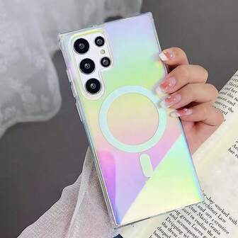 Funda magnética para teléfono con revestimiento de color para Galaxy A06 A15 / A16 / A17 / A26 / A35 / A36 / A55 / A56 / A25 / A26 / A54, también se puede aplicar a S23 / S23 FE/S24 FE/S25 / S25Ultra/S25FE, funda de teléfono con gradiente arcoíris de galaxia de moda, funda de teléfono de acrílico brillante, funda de teléfono, funda de teléfono 16, funda de teléfono antideslizante