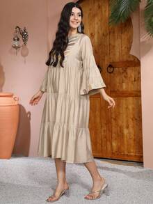 Đầm nữ Ả Rập thanh lịch với họa tiết thêu kim sa vàng, đầm ghép mảnh với tay áo phồng, thời trang và duyên dáng, thiết kế mới nhất cho năm mới, Ramadan 2026 mùa xuân - Màu be - Xem 8