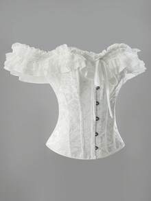 Vintage Palace Style Jacquard Front Button, Back Cinched Waist Bodysuit, Women's Christmas Dress With Lace Sleeves And Off-Shoulder - White - View 2