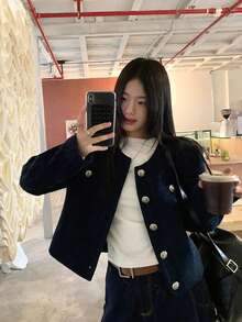 Women's Casual Blue Short Jacket, Autumn/Winter New Arrival - Navy Blue - View 2