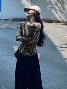 Korean Style Commuter Oblique Shoulder Striped Long Sleeve T-Shirt, Slim Fit Casual Loose Top, Autumn/Winter New - Black Stripes - View 2