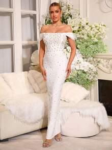 新款黄色性感重工闪亮珍珠钻石露肩绷带长裙优雅女士生日派对婚礼宾客正式晚宴礼服 - 白色 - 查看 6