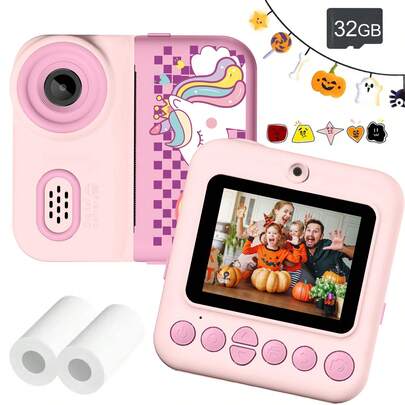 Kids Printing Camera, Instant Camera, With 1080P High-Definition Quality. It Comes With Two Rolls Of Photo Paper And A USB Charger, Supporting Digital Shooting, Video Recording, And Selfie Functions. It Is The Perfect Holiday Gift For Children Photographers Aged 3-12. This Is Also An Excellent Choice For Christmas And New Year Gifts.