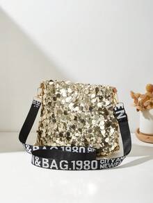 Bolso de hombro de mujer con lentejuelas, bolso de cubo pequeño de mujer tipo bandolera - Dorado - Ver 4