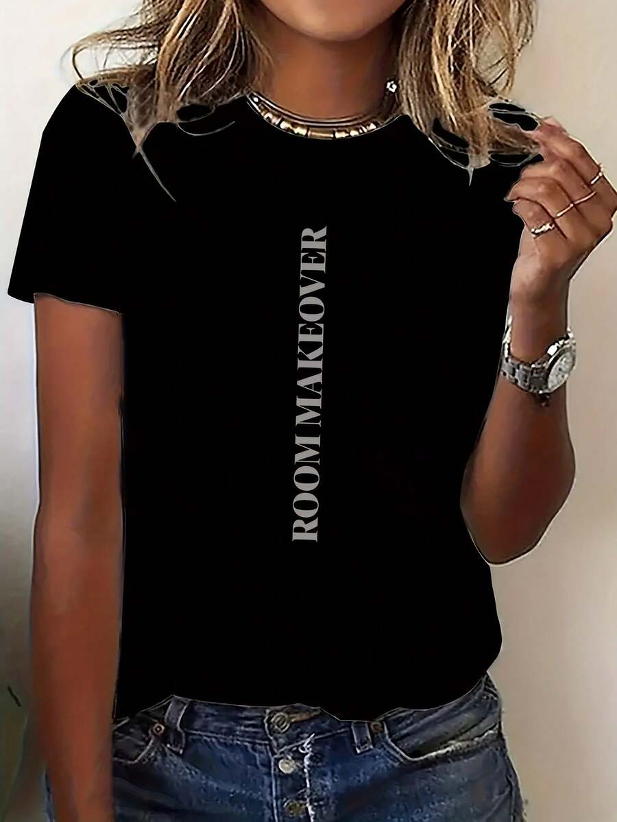 Camiseta Casual de Manga Corta para Mujeres con Gráfico "ROOM MAKOVER" - Rosa Suave, Transpirable y Cómoda, Perfecta para Salidas Casuales, Fiestas y Uso Diario, Camiseta de Ropa Casual | Camiseta gráfica divertida | Ajuste cómodo - Negro - Ver 1