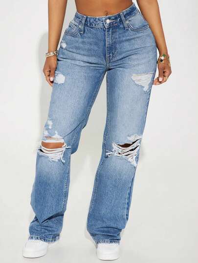 جينز نسائي فضفاض بقصة مستقيمة للساق، مُمزق، متعدد الاستخدامات، للربيع