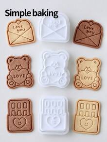 情人节礼物系列：饼干模具、心形饼干印章、小熊、巧克力和情书形状的饼干模具、蛋糕装饰品、甜点制作工具 - 白色 - 查看 2