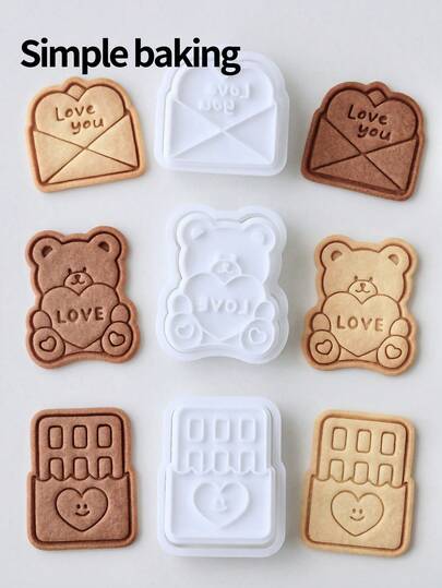 Serie de regalos del Día de San Valentín: cortadores de galletas, sellos para galletas con patrones de corazones, moldes de galletas con formas de osos, chocolates y cartas de amor, decoraciones para pasteles, herramientas para hacer postres