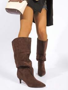 Women Knee-High Kitten Heel Boots, Fashionable & Versatile For Autumn/Winter Holidays - 174-bROWN - View 3