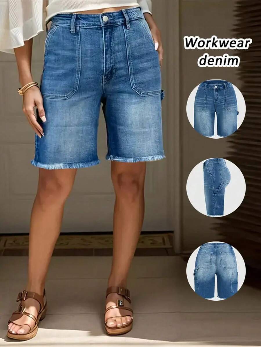 New Spring/Summer European & American Style Washed Denim Shorts, Casual Fashion Versatile Frayed Hem Elastic Waist Denim Shorts