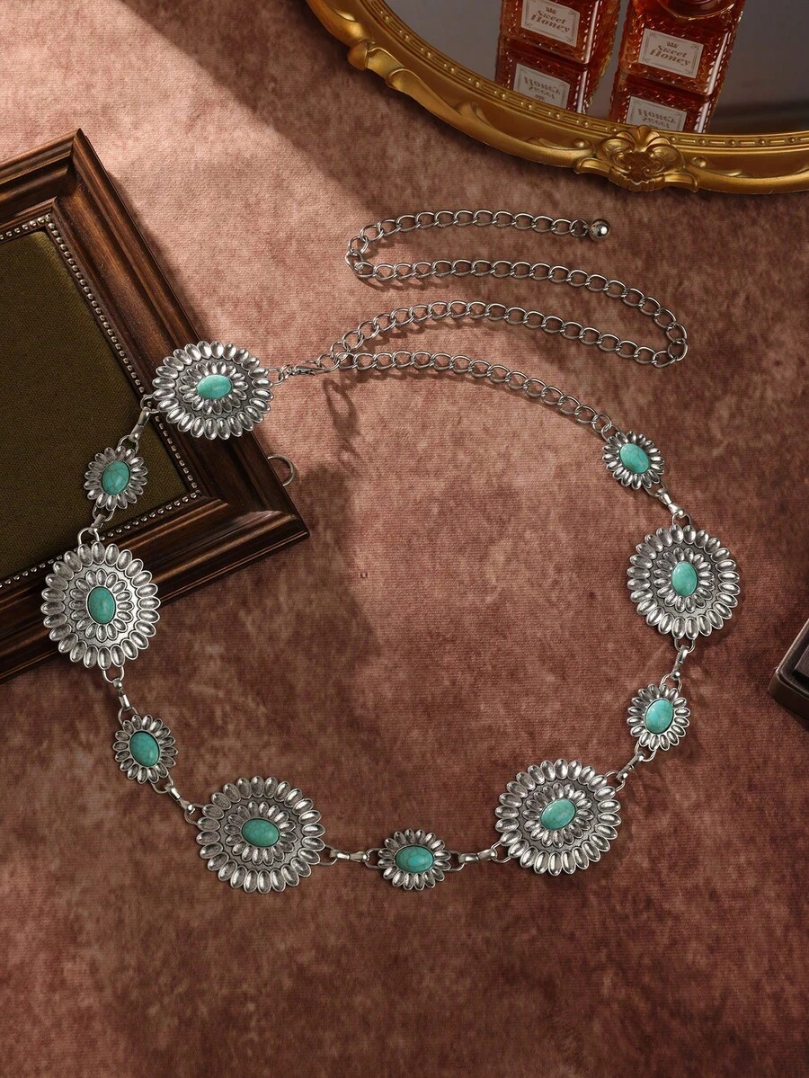 1 chiếc dây đeo eo bằng kim loại chạm khắc hình hoa, phong cách Boho miền Tây cổ điển dành cho nữ, kiểu dáng giản dị và thời trang. - Dây thắt lưng đính hoa cúc và ngọc lam - Xem 1