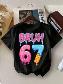 Teenage Boys' Cartoon Ice Cream "67" Print Round Neck T-Shirt, Casual Soft Top For Spring/Summer - Black - View 6