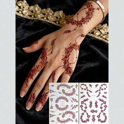2pcs Red & Brown Henna Mandala Floral Lace Design Sexy Body Art Temporary Tattoo Stickers, Suitable For Hands, Arms, Back, Festivals, Parties, Daily Wear