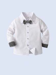 BOARNSEORL 2pcs Young Boys Gentleman Outfit - Long Sleeve Shirt With Bow Tie And Gray Suspender Pants, Fashionable, Elegant, Suitable For Birthday Party, Wedding, Pageant, Versatile - Grey - View 7