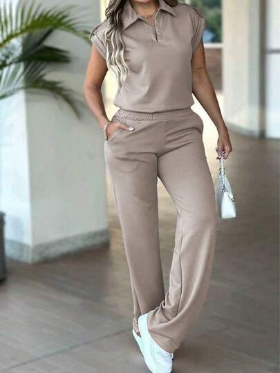 Two Pieces Set Spring/Summer Women's Solid Color Minimalist Casual Set Lapel Short-Sleeve Top With High-Waisted Pocket Straight-Leg Pants Two Pieces Set