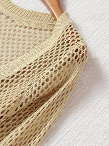 Sexy Knit Hollow Out Crochet U-Neck Beach Maxi Dress Swimsuit Cover Up Women's Elegant Long Sleeve Backless Bodycon Dresses Resort Wear Outfit - Màu Khaki - Xem 9