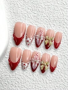 10Pcs Late Autumn Red Style Handmade Press On Nail,Polygel Nail Set,Leopard Fake,Flowers,Red,White Nail Polish,Personality Style,Includes Nail Tools,3 Sizes Available,Almond,Duck,Coffin Nails For Party,Dance,Daily Wear. - 彩色 - 查看 11