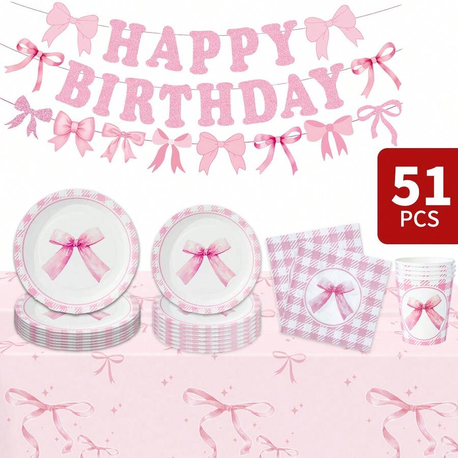 粉色蝴蝶结格子生日快乐一次性餐盘、餐巾纸、杯子、桌布和横幅套装，8人份派对用品套装，适合生日、婚礼、主题派对、家庭野餐等场合。 - 彩色 - 查看 1