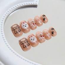 4 Boxes 96Pcs Short Squoval Press On NailsCute Puppy Dog & Bow Press On Nails, Short Oval False Nails With Adorable Animal Design, Easy Apply Removable Nail Stickers For Women & Girls, Perfect For Spring Summer Daily Wear, Gifts, Parties & Travel. Christmas Decor,Press On Nails>Short,Accesssories For Women,Cute Stuff. - 淺棕色354 - 查看 4