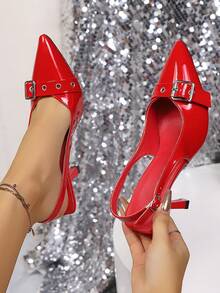 Women's High Heel Pumps, New Pointed Toe High Heels For Spring/Autumn, Sexy Stiletto Red Patent Leather Sandals, Party/Wedding High Heels, Fashionable Runway Lace-Up High Heels, Leather Strap Buckle Pumps - Red - View 2