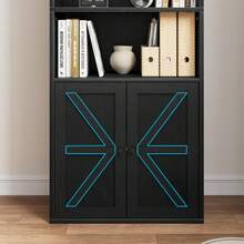 Librería industrial grande de 180 cm de alto con puertas, estilo rústico independiente con estantes de almacenamiento, ideal para sala de estar, dormitorio y oficina, color negro. - Negro - Ver 6