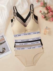 3SETS Ladies Hollow Out French Lingerie Set, Wireless Comfort, Letter Print Beautiful Back With Chest Pad, Sports Bra Briefs Suit - Multicolor - View 4