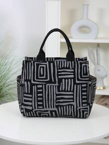 DLIU New Arrival, Corduroy Printed Fabric, Large Capacity Thick Tote Bag, Aluminum Foil Insulation Lining, Half-Zip Closure, Multi-Pocket Outdoor Storage Bag, Lunch Bag, Bento Box Bag, Tote Bag, Organizer Bag, Handbag, Suitable For Work Lunch, Outdoor Picnic, Daily Storage Lunch Box Cooler Bag Waterproof For Women For Men For Picnic For School Back To School - Black - View 5