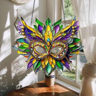 1pc Glam Style Acrylic Mardi Gras Mask Suncatcher Hanging Light Catcher For Window & Garden, Porch & Wall Art, Outdoor Seasonal Decor, No Electricity Needed, Ideal Holiday Gift, Outdoor Decor