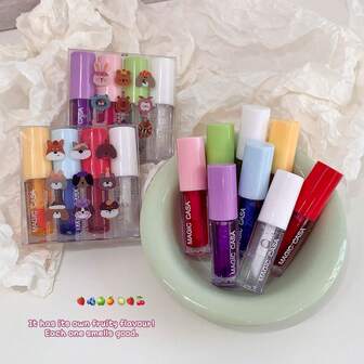 MAGIC CASA Set de 4 aceites labiales con sabor a fruta, que incluye brillo de labios y bálsamo labial hidratante, reduce eficazmente las líneas de los labios, no es pegajoso, brillo espejo, opción ideal para el maquillaje de las mujeres en invierno
