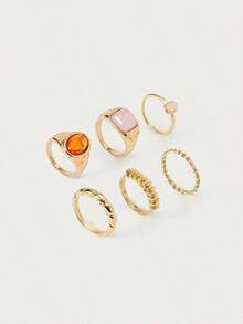 Glisma 6pcs/Set French Minimalist Personalized Design Metal Vintage Rings Set, Suitable For Parties, Gifts, Daily Wear (Includes Size Guide, Please Handle Carefully) - Gold - View 3