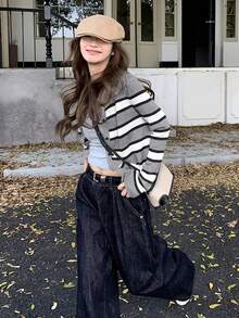 女士秋冬拼色条纹针织开衫，时尚修身短款毛衣外套 - 灰色 - 查看 3