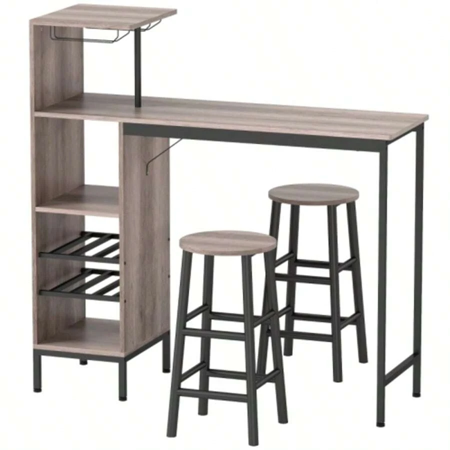 3-Piece Bar Table Set With Storage, Bottle Racks, Glass Holders And Stools With Footrests, Ideal For Small Spaces, Grey. - Maroon - View 1