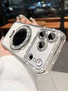 Luxury Rhinestone Lens Protection Plated Anti-Drop Phone Case With Shiny Sequin Makeup Mirror Ring Holder, Compatible With IPhone 17 Pro Max, 17 Pro, 17, 16 Pro Max, 15, 14 Plus, 13, 12 Pro Max, 11, 17 Air, Galaxy, OPPO, Honor, Redmi, Note, Infinix And More, High-Quality Shock-Proof Frame Back Cover - Silver - View 4