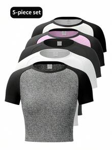 5件装女士运动紧身背心，圆领运动T恤，透气速干压缩塑身衣，适合跑步、健身、骑行，短袖设计